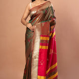Green Dual Tone Silk Saree with Golden Border and Pink Pallu - Anvi Couture