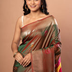 Green Dual Tone Silk Saree with Golden Border and Pink Pallu - Anvi Couture