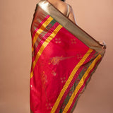 Green Dual Tone Silk Saree with Golden Border and Pink Pallu - Anvi Couture