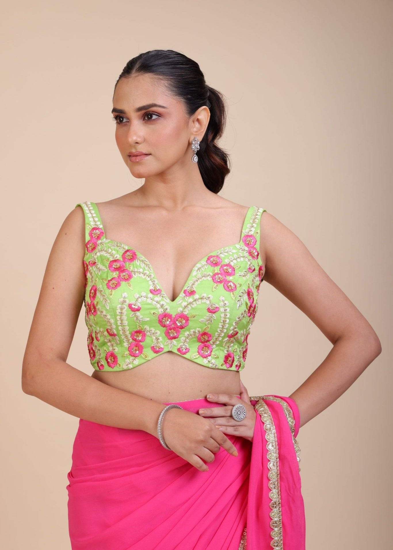 Green Floral Embroidered Lehenga Blouse - Anvi Couture