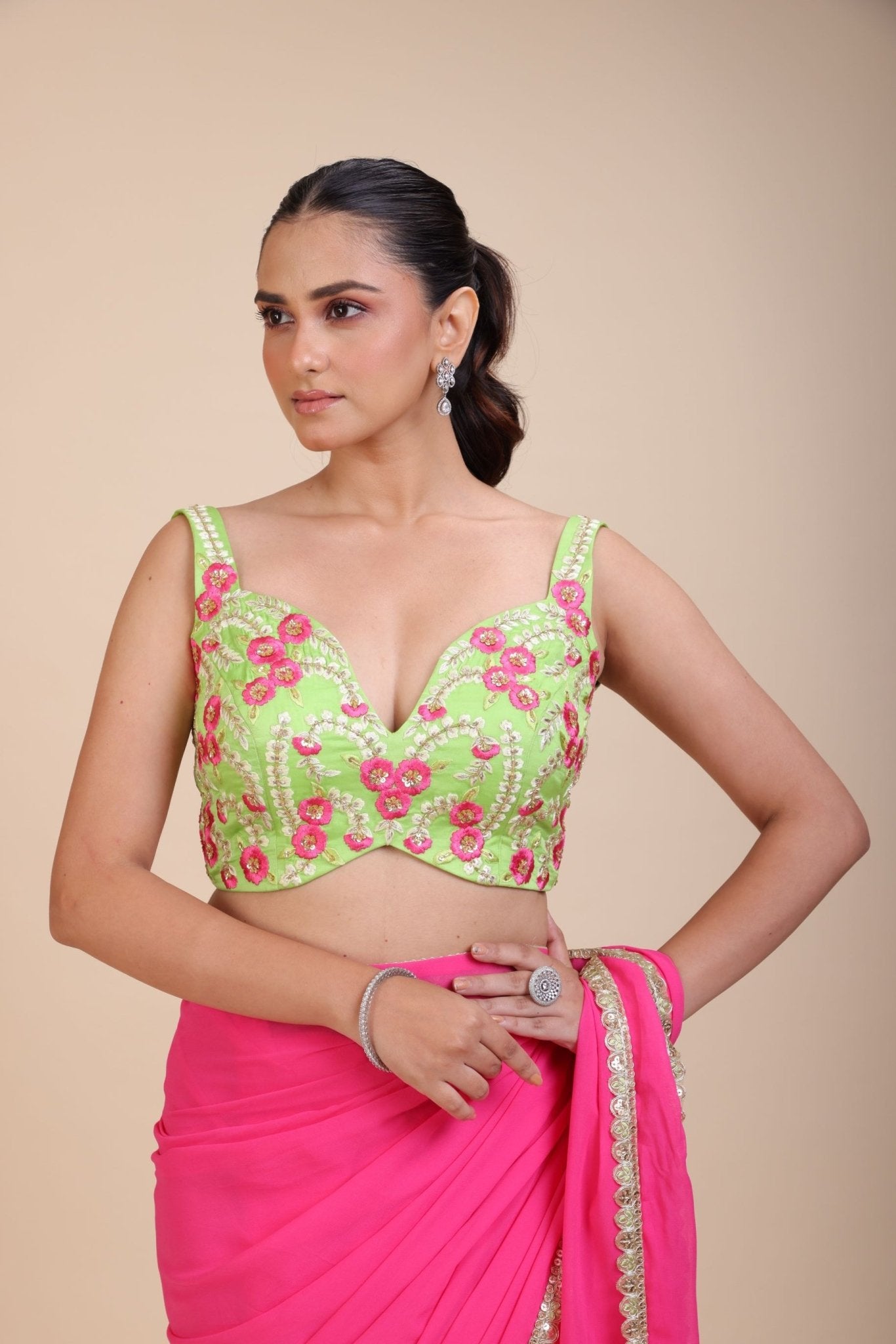 Green Floral Embroidered Lehenga Blouse - Anvi Couture