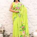 Green Georgette Floral Hand Printed Saree Blouse Set With Cutdana Embroidery - Anvi Couture