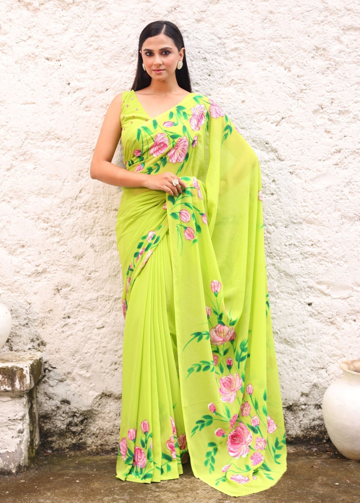 Green Georgette Floral Hand Printed Saree Blouse Set With Cutdana Embroidery - Anvi Couture