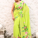Green Georgette Floral Hand Printed Saree Blouse Set With Cutdana Embroidery - Anvi Couture