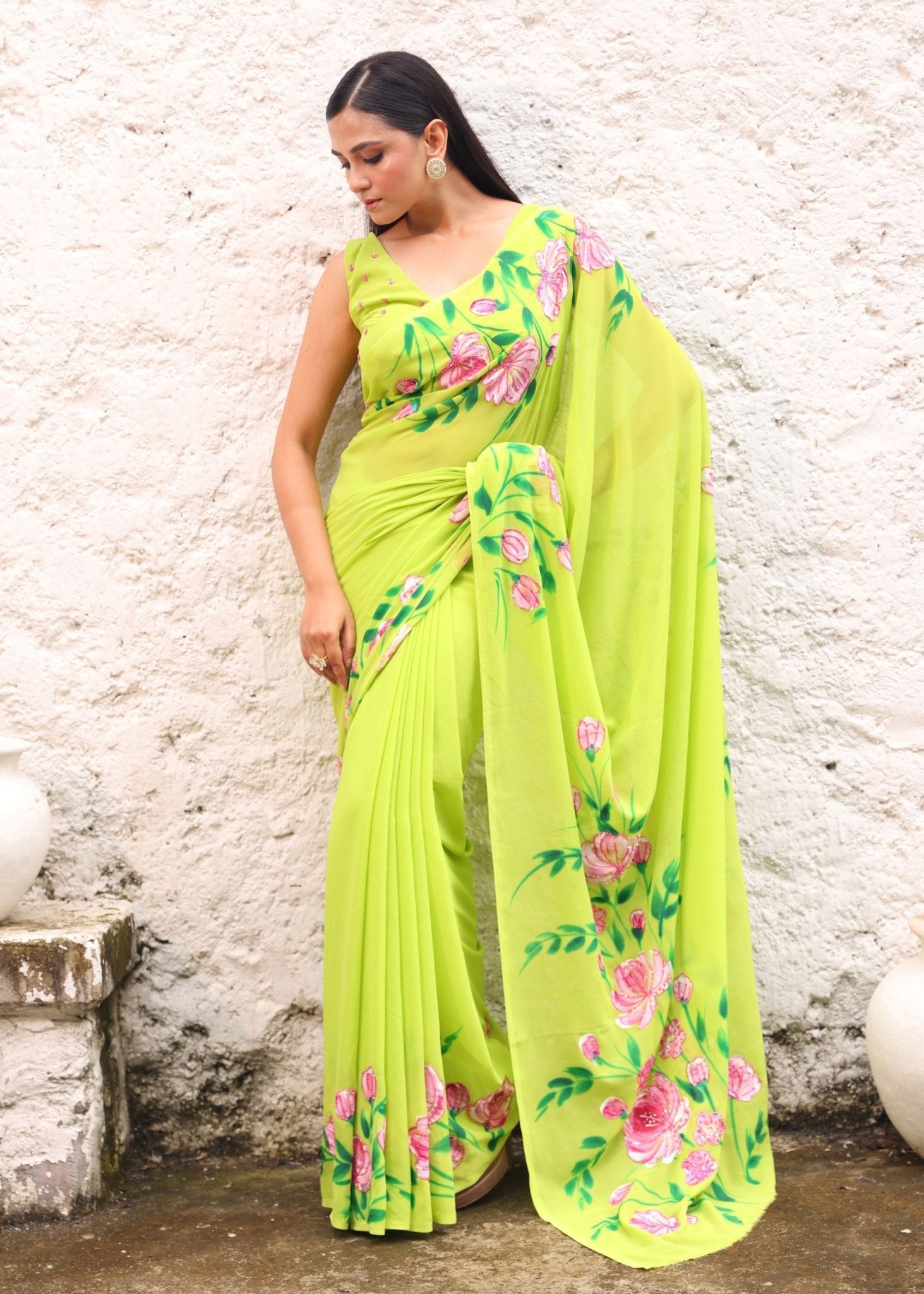 Green Georgette Floral Hand Printed Saree Blouse Set With Cutdana Embroidery - Anvi Couture