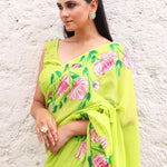 Green Georgette Floral Hand Printed Saree Blouse Set With Cutdana Embroidery - Anvi Couture