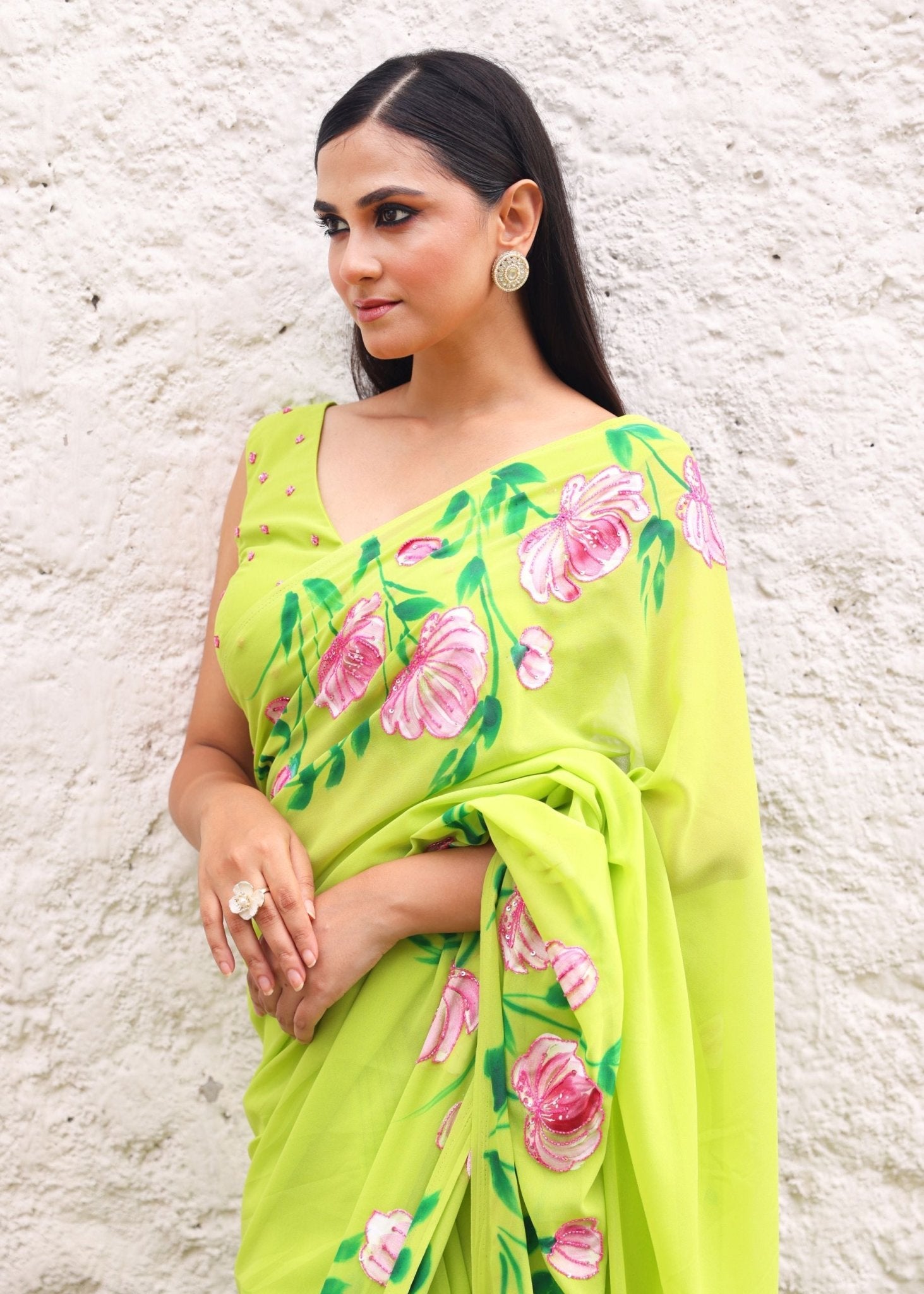 Green Georgette Floral Hand Printed Saree Blouse Set With Cutdana Embroidery - Anvi Couture