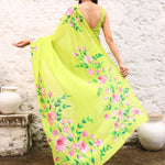 Green Georgette Floral Hand Printed Saree Blouse Set With Cutdana Embroidery - Anvi Couture