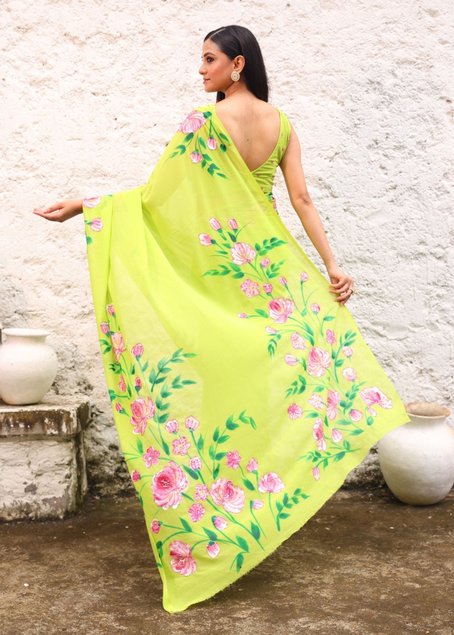 Green Georgette Floral Hand Printed Saree Blouse Set With Cutdana Embroidery - Anvi Couture