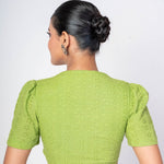 Green Hakoba Puff Sleeves V - Neck Cotton Blouse With Back Closure - Anvi Couture