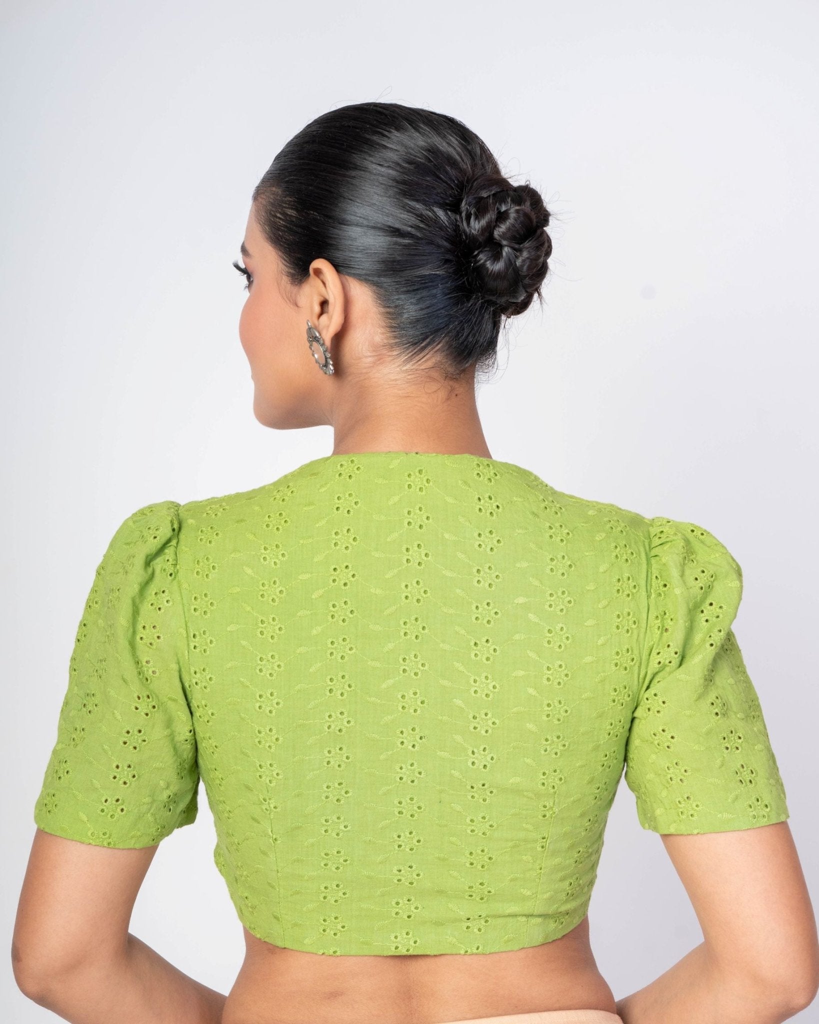 Green Hakoba Puff Sleeves V - Neck Cotton Blouse With Back Closure - Anvi Couture