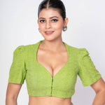 Green Hakoba Puff Sleeves V - Neck Cotton Blouse With Back Closure - Anvi Couture