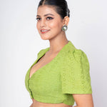 Green Hakoba Puff Sleeves V - Neck Cotton Blouse With Back Closure - Anvi Couture