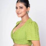 Green Hakoba Puff Sleeves V - Neck Cotton Blouse With Back Closure - Anvi Couture