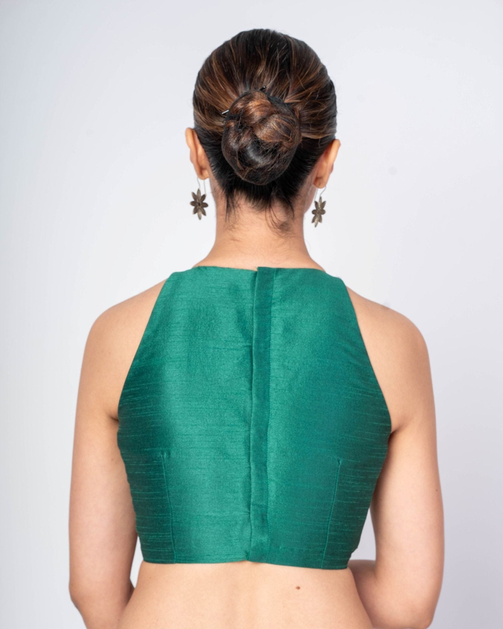 Dark Green Halter Neck Raw Silk Blouse with Back Closure 
