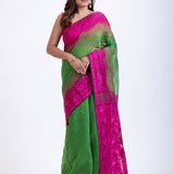 Green Jamdani Saree Handloom Saree with Pink Border Pallu - Anvi Couture