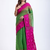 Green Jamdani Saree Handloom Saree with Pink Border Pallu - Anvi Couture