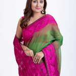 Green Jamdani Saree Handloom Saree with Pink Border Pallu - Anvi Couture
