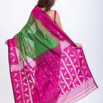 Green Jamdani Saree Handloom Saree with Pink Border Pallu - Anvi Couture