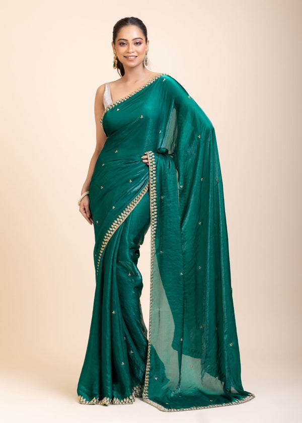 Green Jimmy Choo Saree With Embroidered Work - Anvi Couture