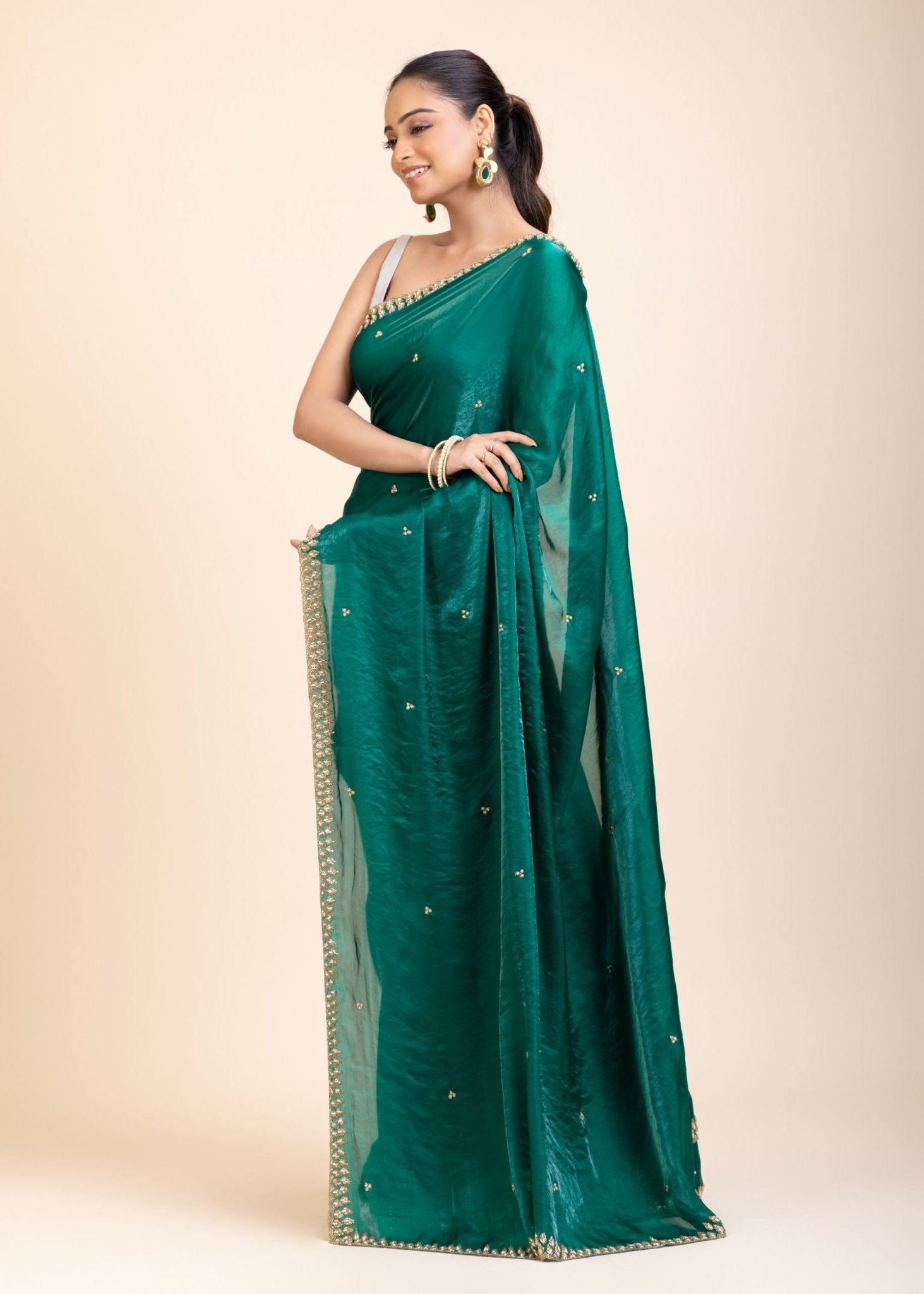 Green Jimmy Choo Saree With Embroidered Work - Anvi Couture