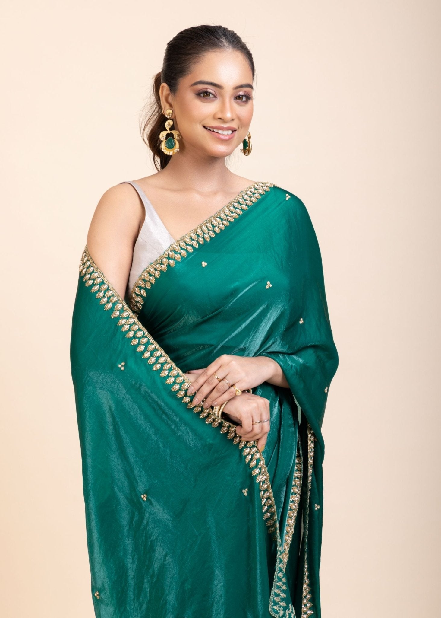 Green Jimmy Choo Saree With Embroidered Work - Anvi Couture