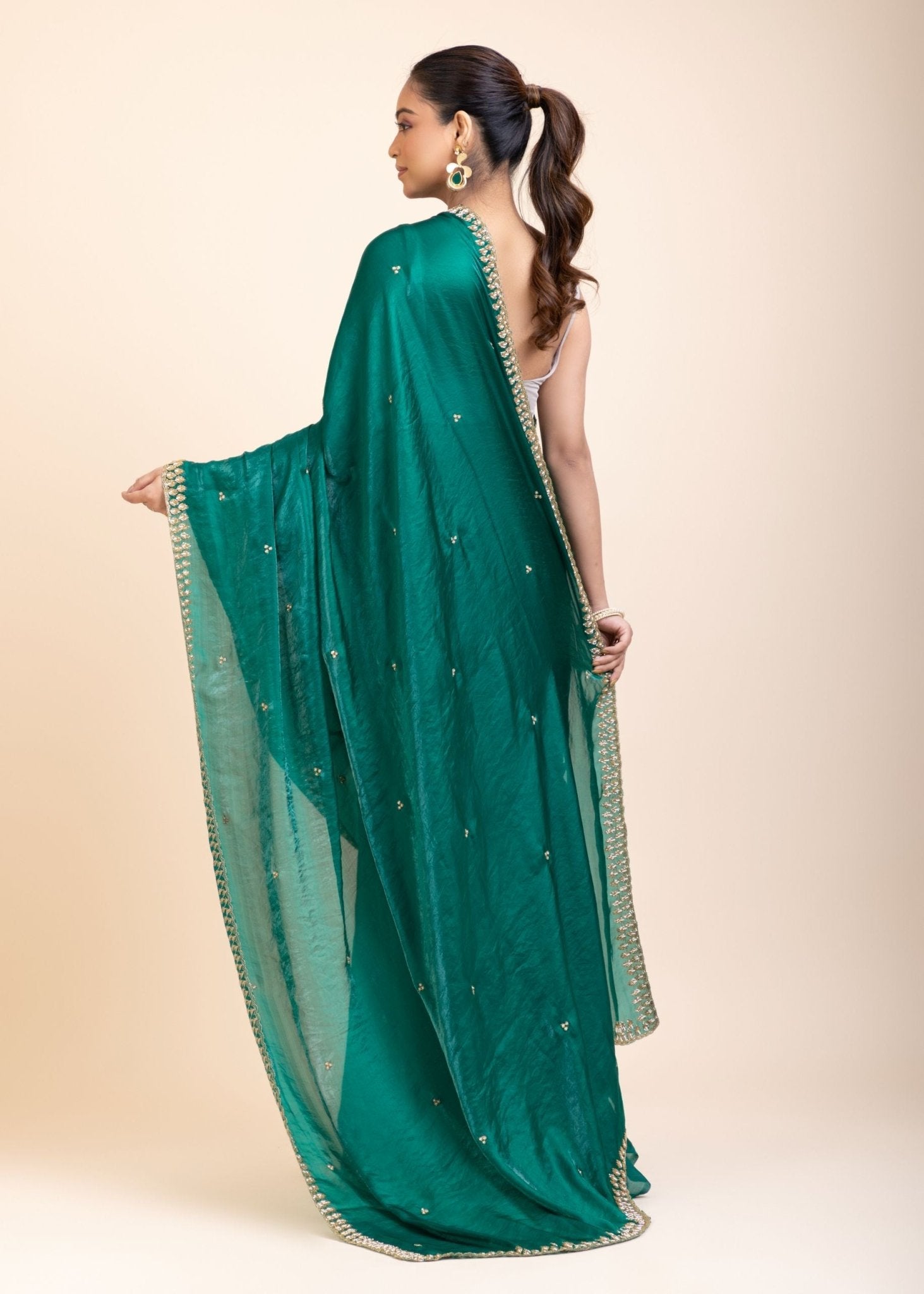 Green Jimmy Choo Saree With Embroidered Work - Anvi Couture