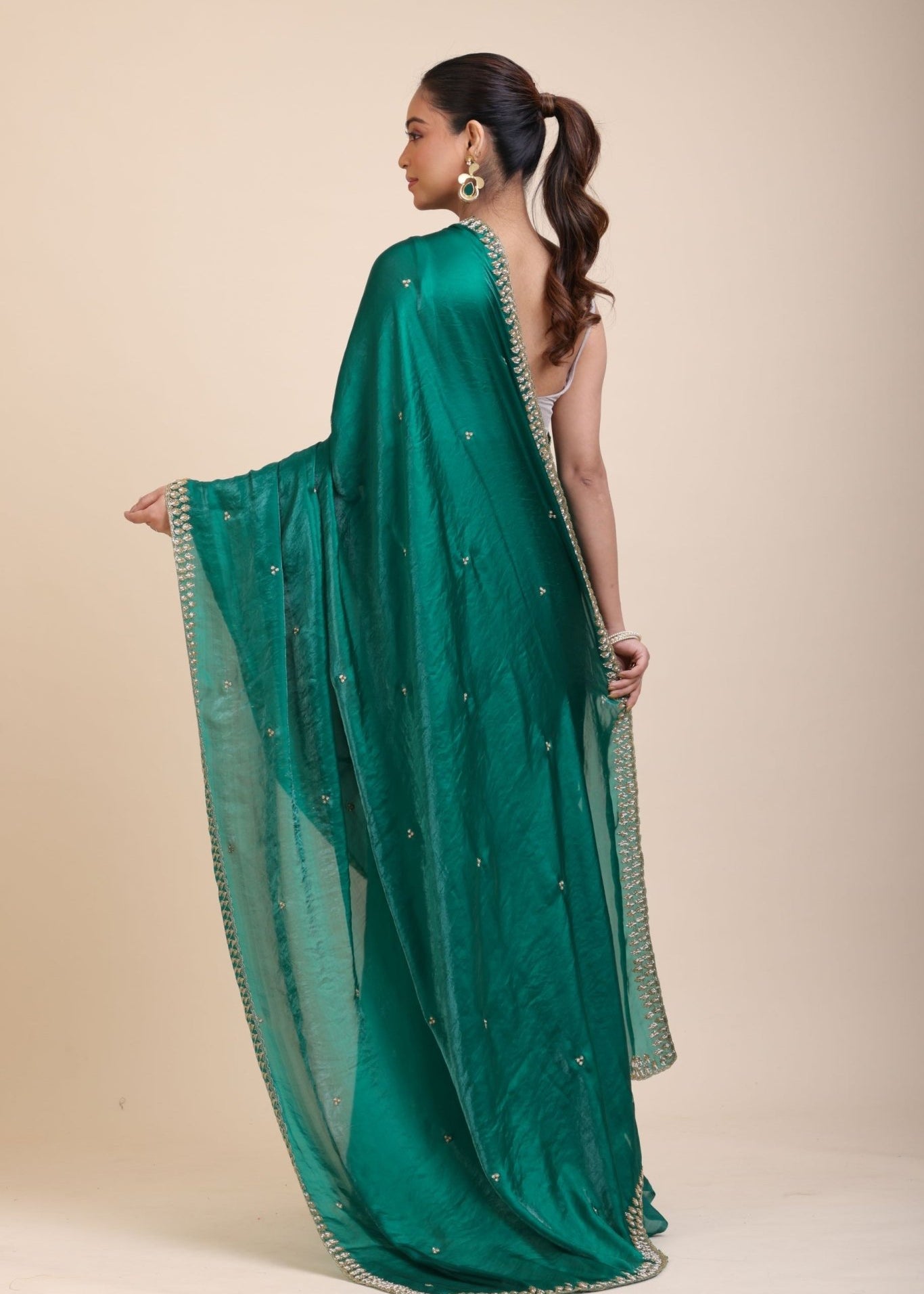 Green Jimmy Choo Saree With Embroidered Work - Anvi Couture