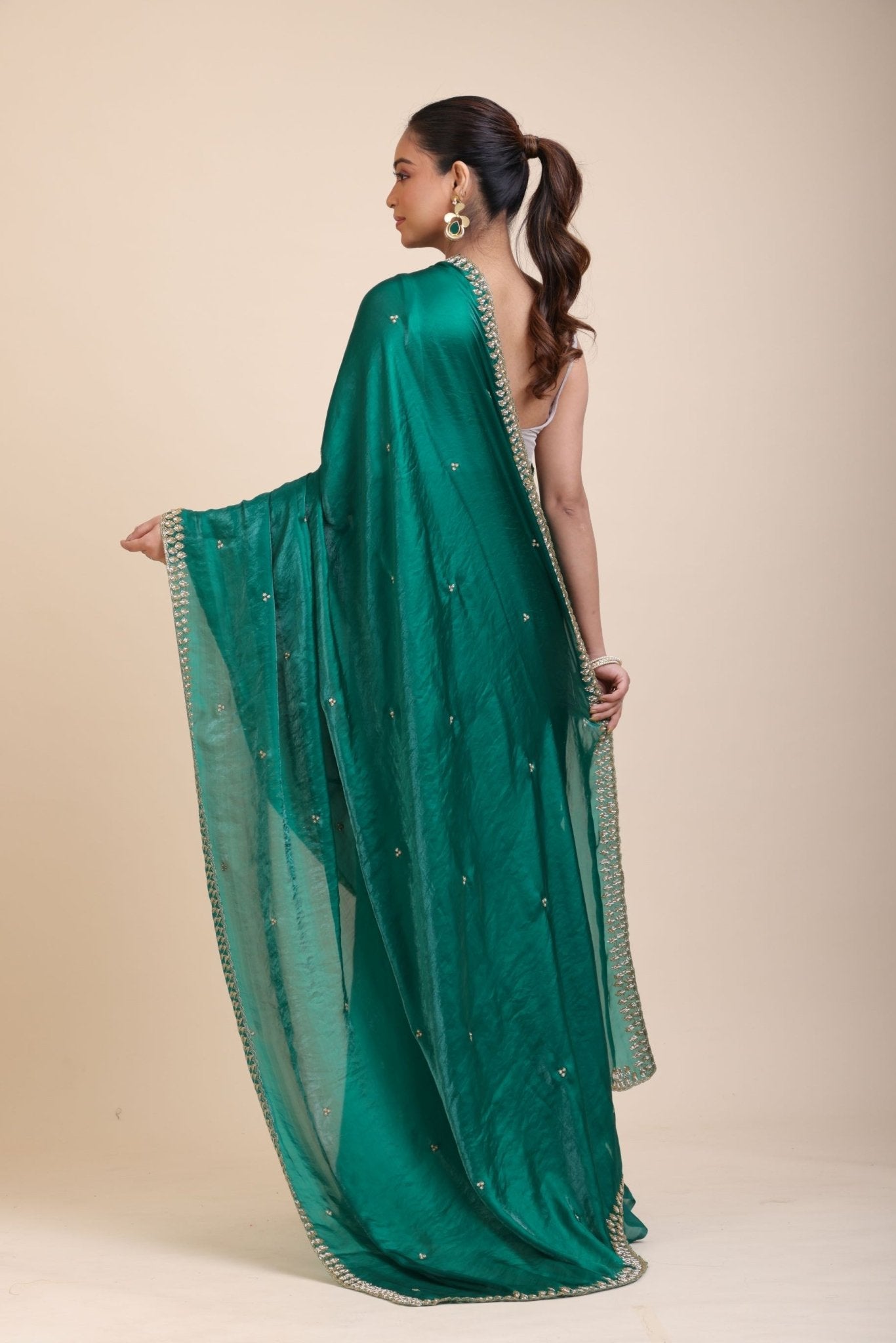 Green Jimmy Choo Saree With Embroidered Work - Anvi Couture