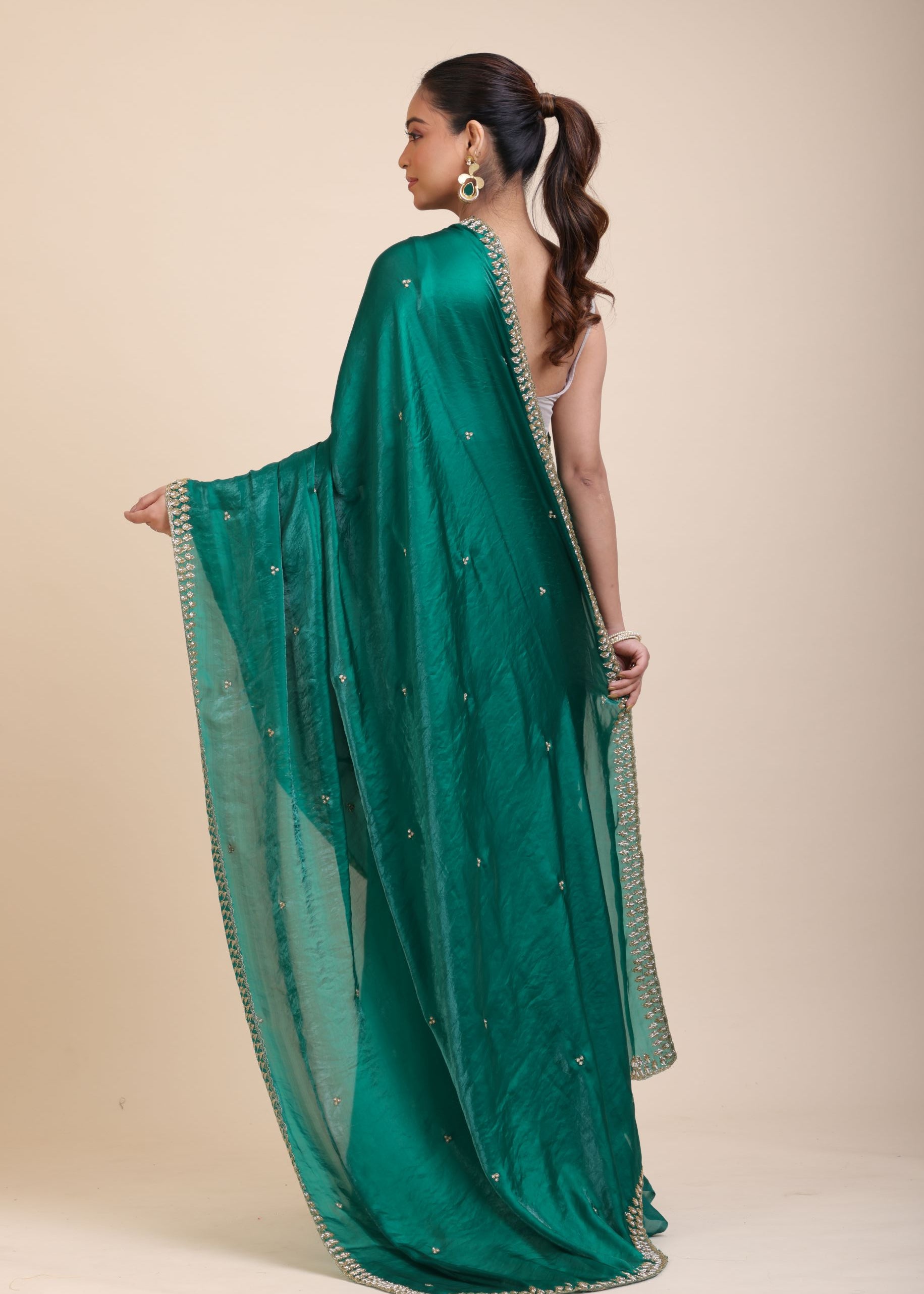 Green Jimmy Choo Saree With Embroidered Work Back

