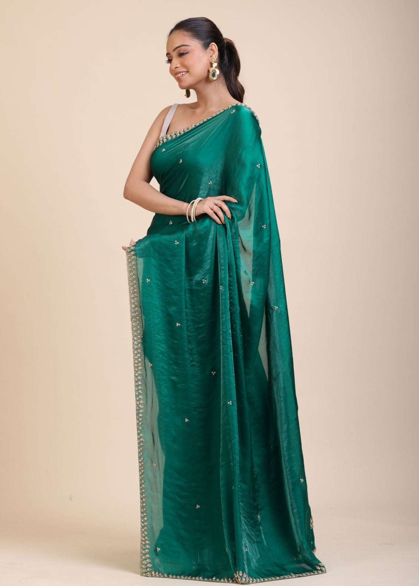 Green Jimmy Choo Saree With Embroidered Work - Anvi Couture