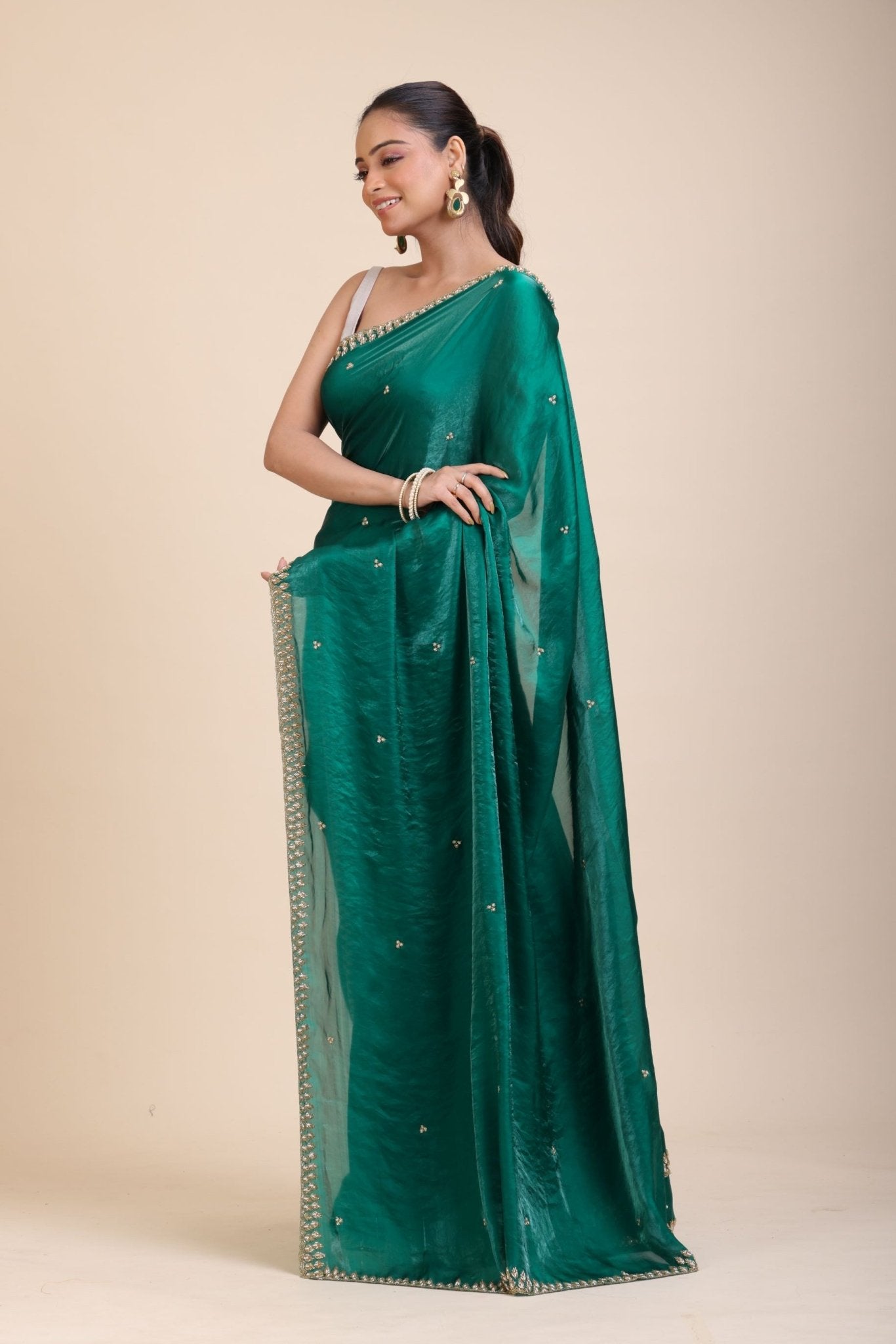 Green Jimmy Choo Saree With Embroidered Work - Anvi Couture