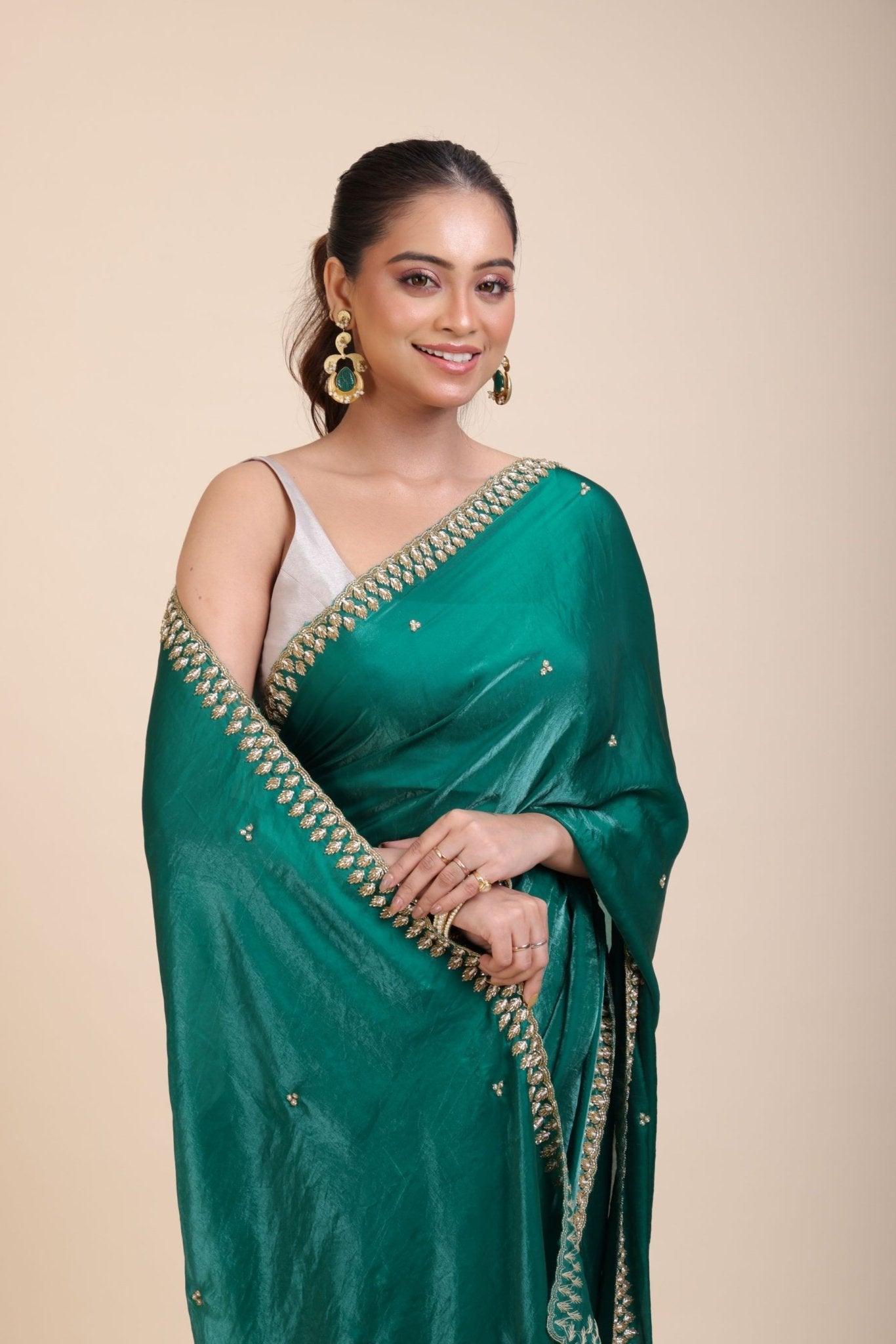Green Jimmy Choo Saree With Embroidered Work - Anvi Couture