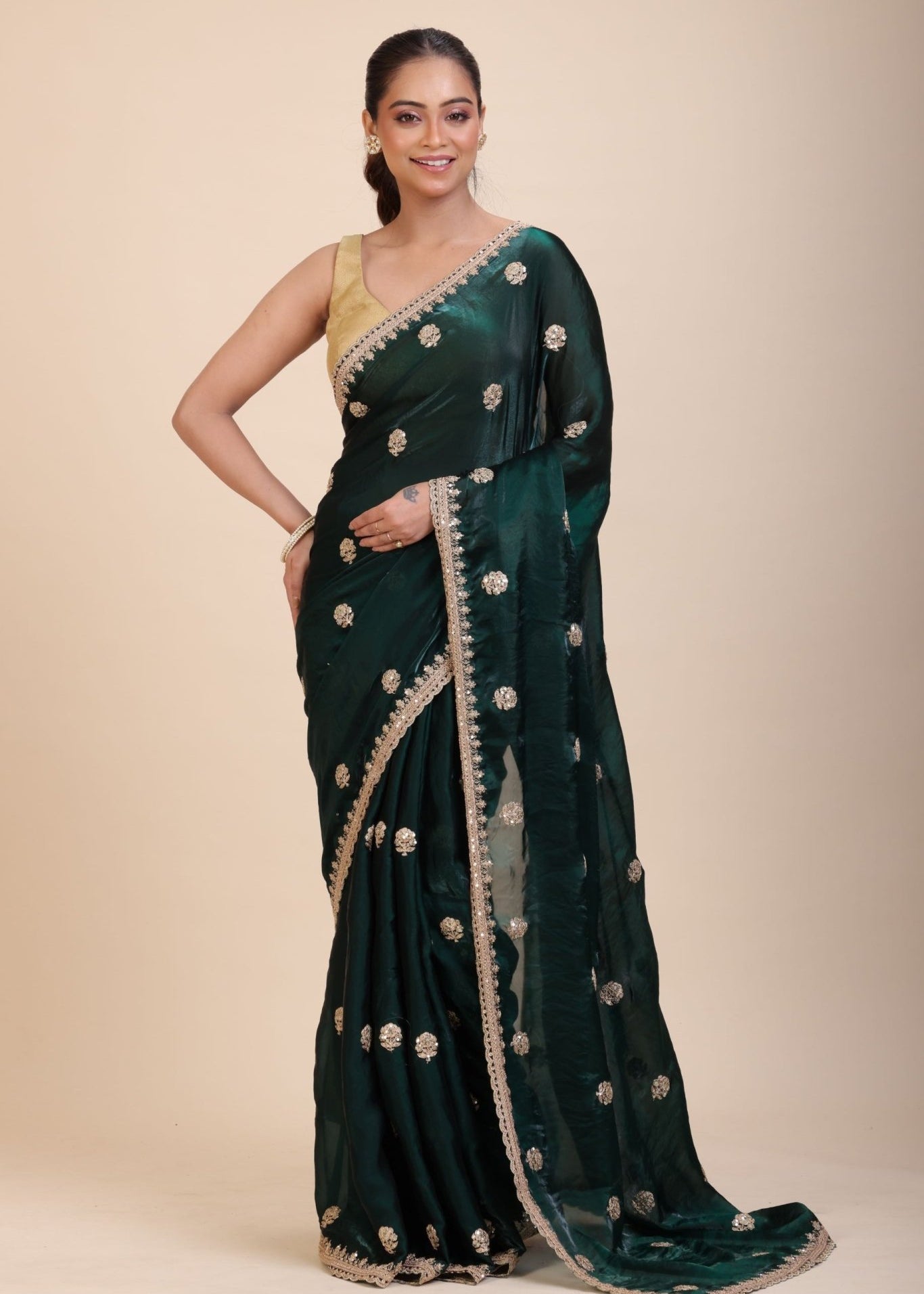 Green Jimmy Choo Saree with Gold Embroidered work - Anvi Couture