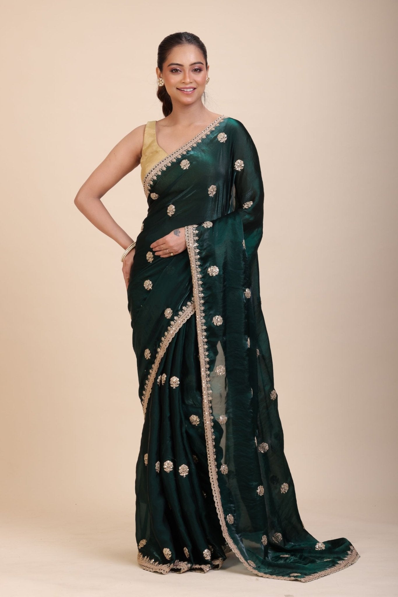 Green Jimmy Choo Saree with Gold Embroidered work - Anvi Couture