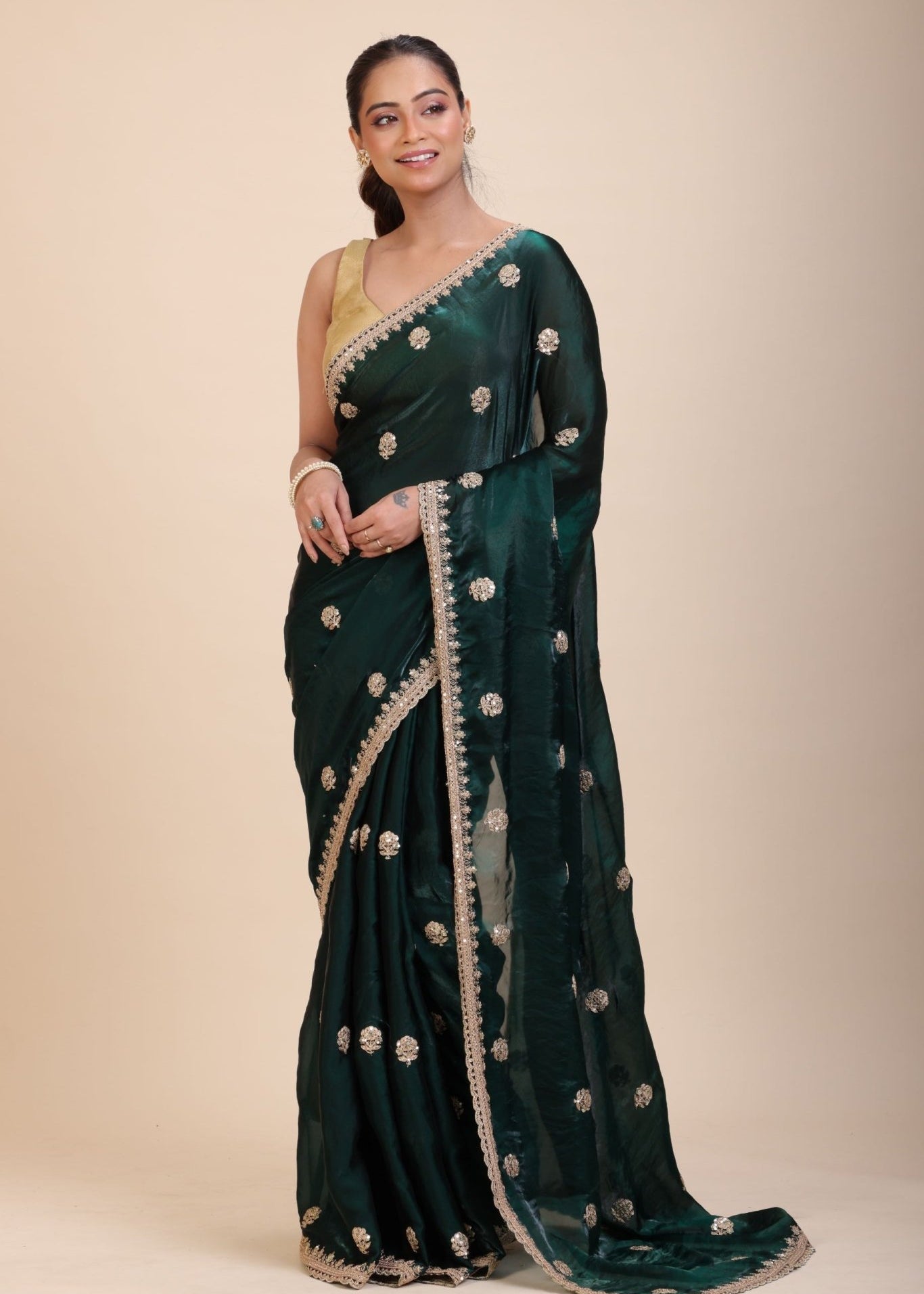 Green Jimmy Choo Saree with Gold Embroidered work - Anvi Couture