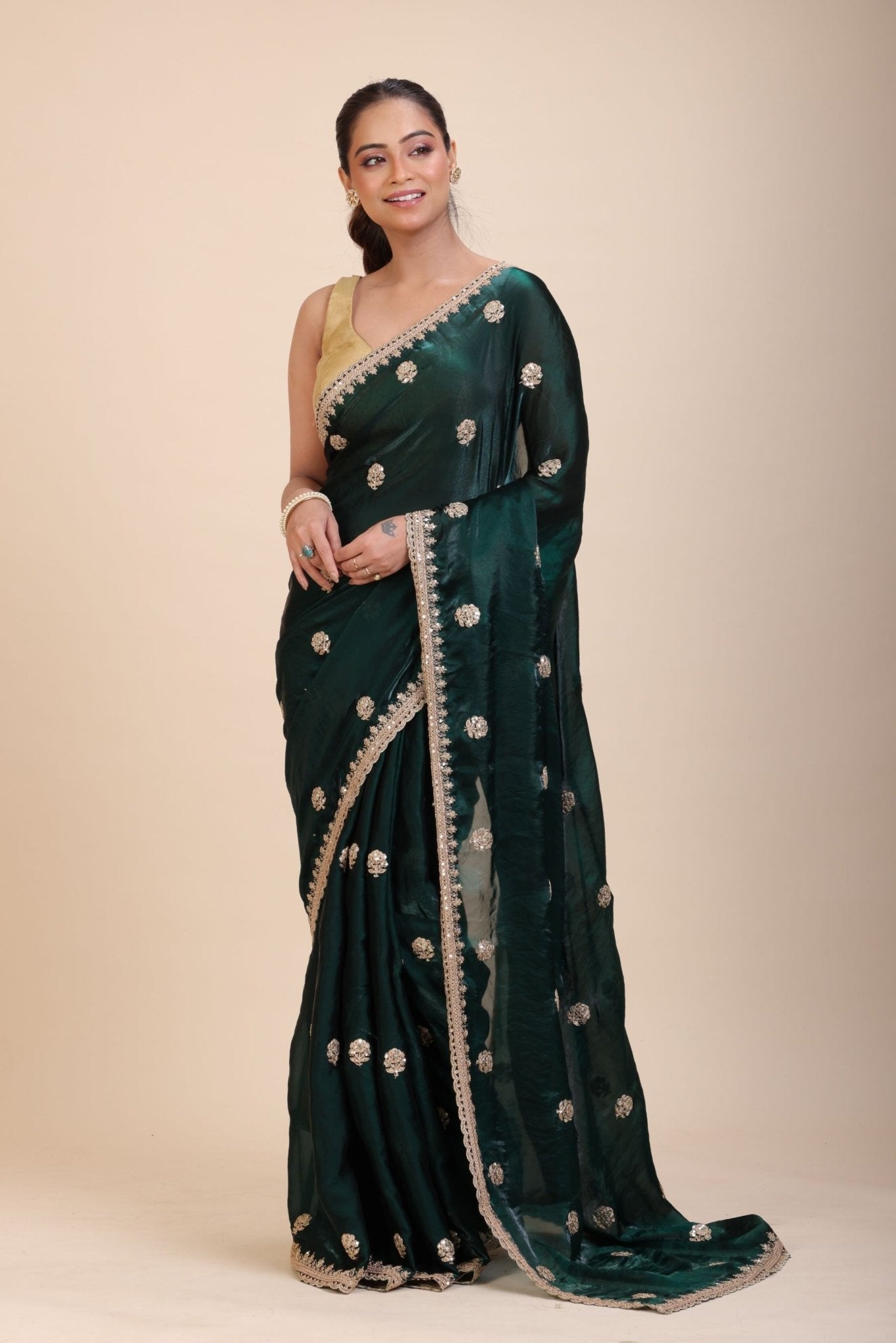 Green Jimmy Choo Saree with Gold Embroidered work - Anvi Couture