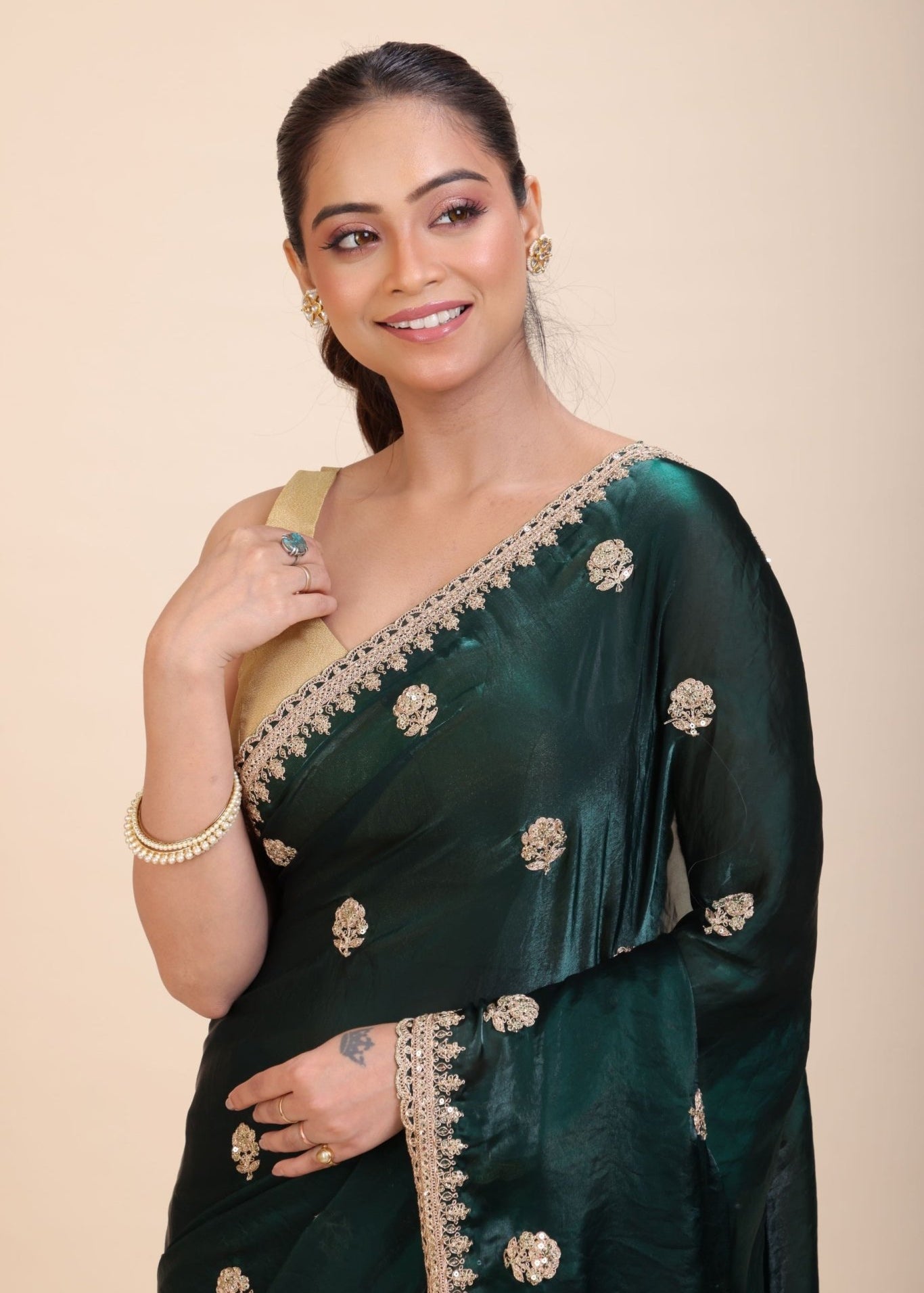 Green Jimmy Choo Saree with Gold Embroidered work - Anvi Couture