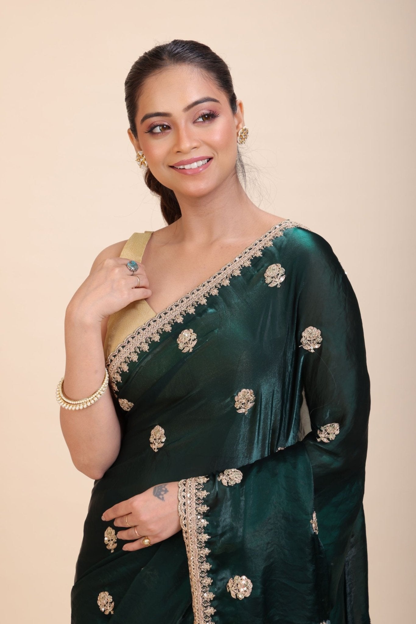 Green Jimmy Choo Saree with Gold Embroidered work - Anvi Couture