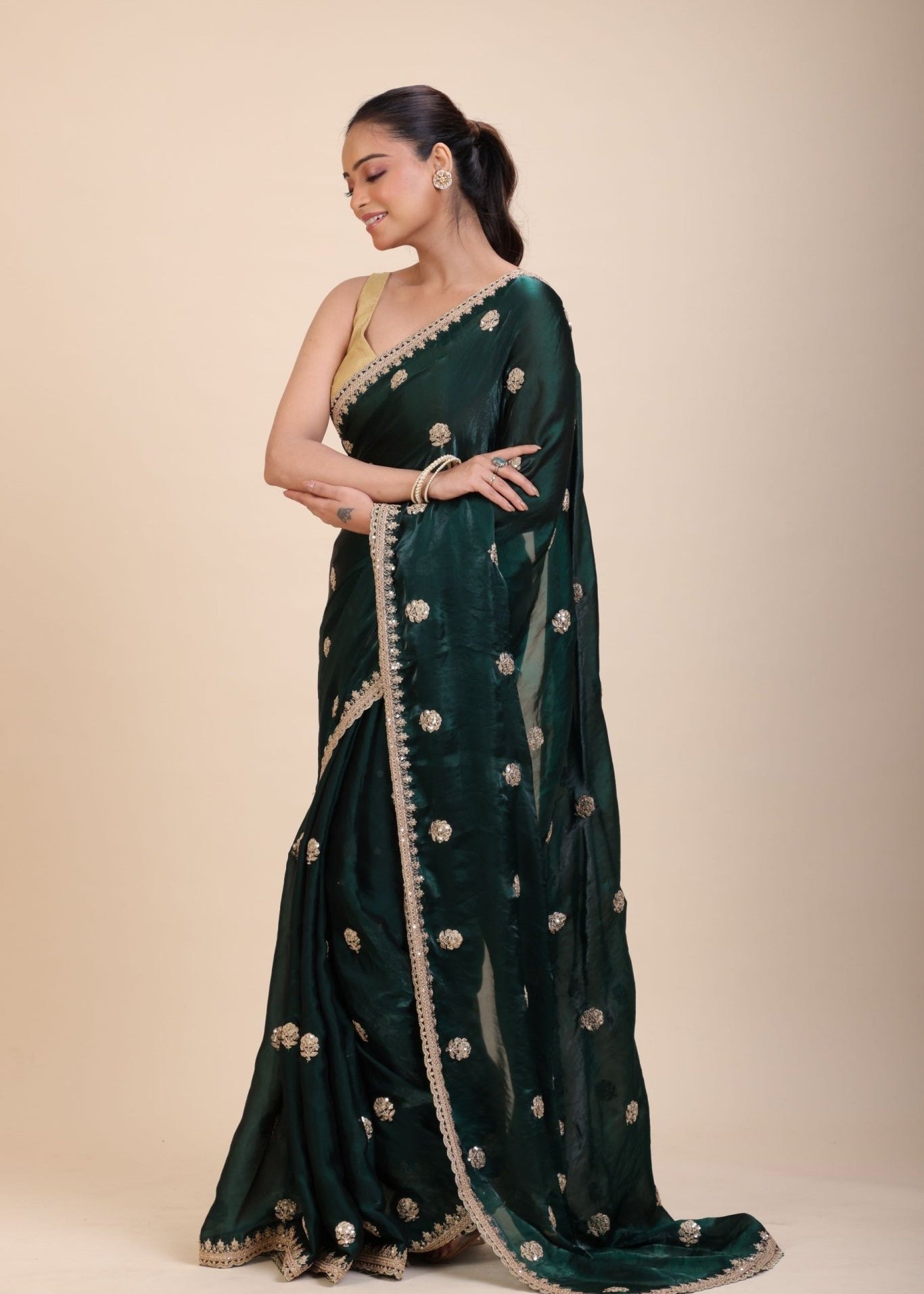 Green Jimmy Choo Saree with Gold Embroidered work - Anvi Couture