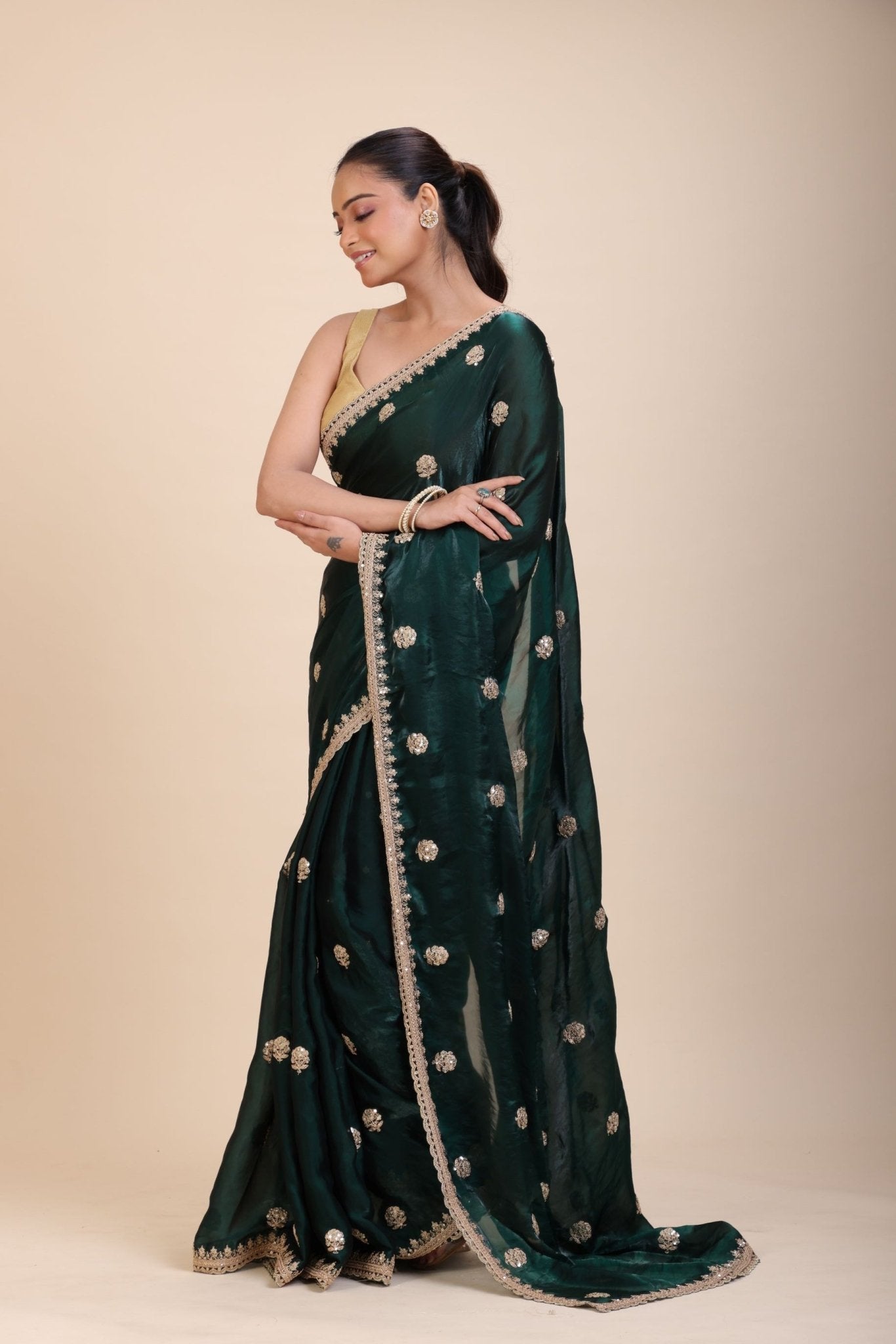 Green Jimmy Choo Saree with Gold Embroidered work - Anvi Couture
