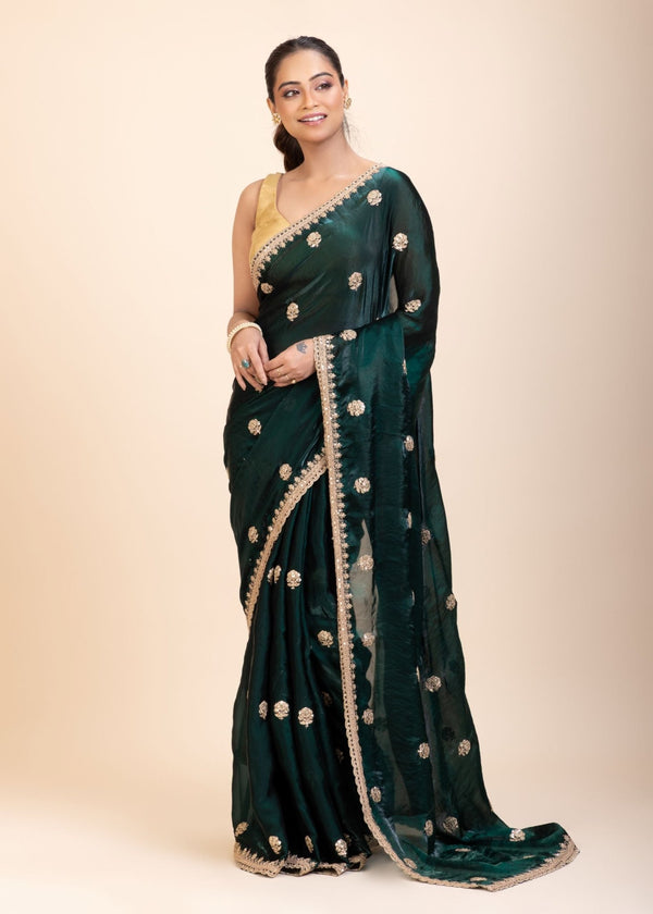 Green Jimmy Choo Saree with Gold Embroidered work - Anvi Couture