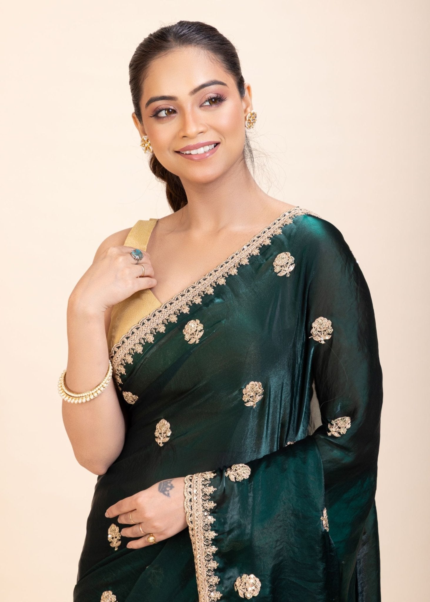 Green Jimmy Choo Saree with Gold Embroidered work - Anvi Couture