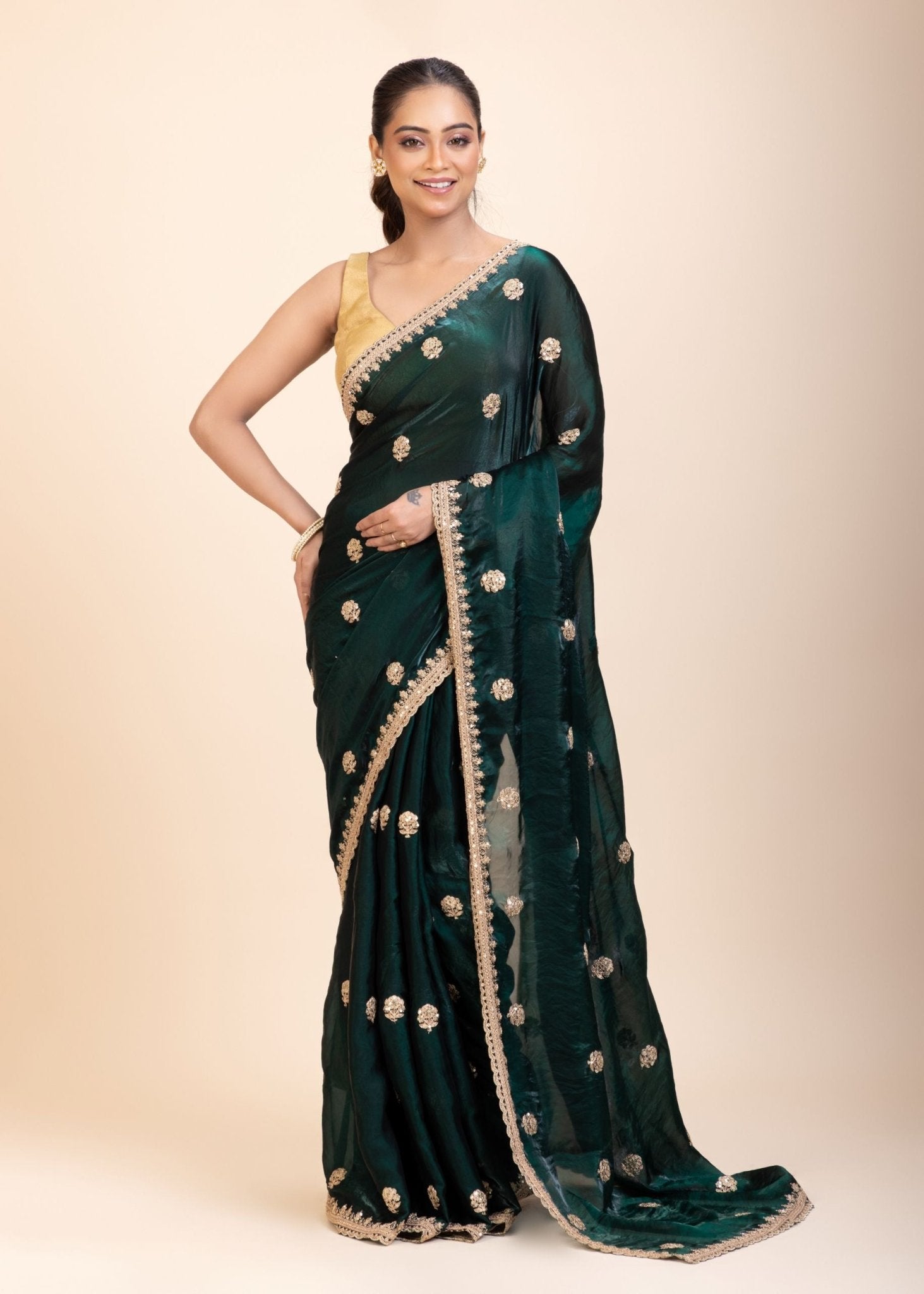 Green Jimmy Choo Saree with Gold Embroidered work - Anvi Couture