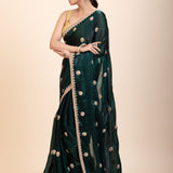 Green Jimmy Choo Saree with Gold Embroidered work - Anvi Couture