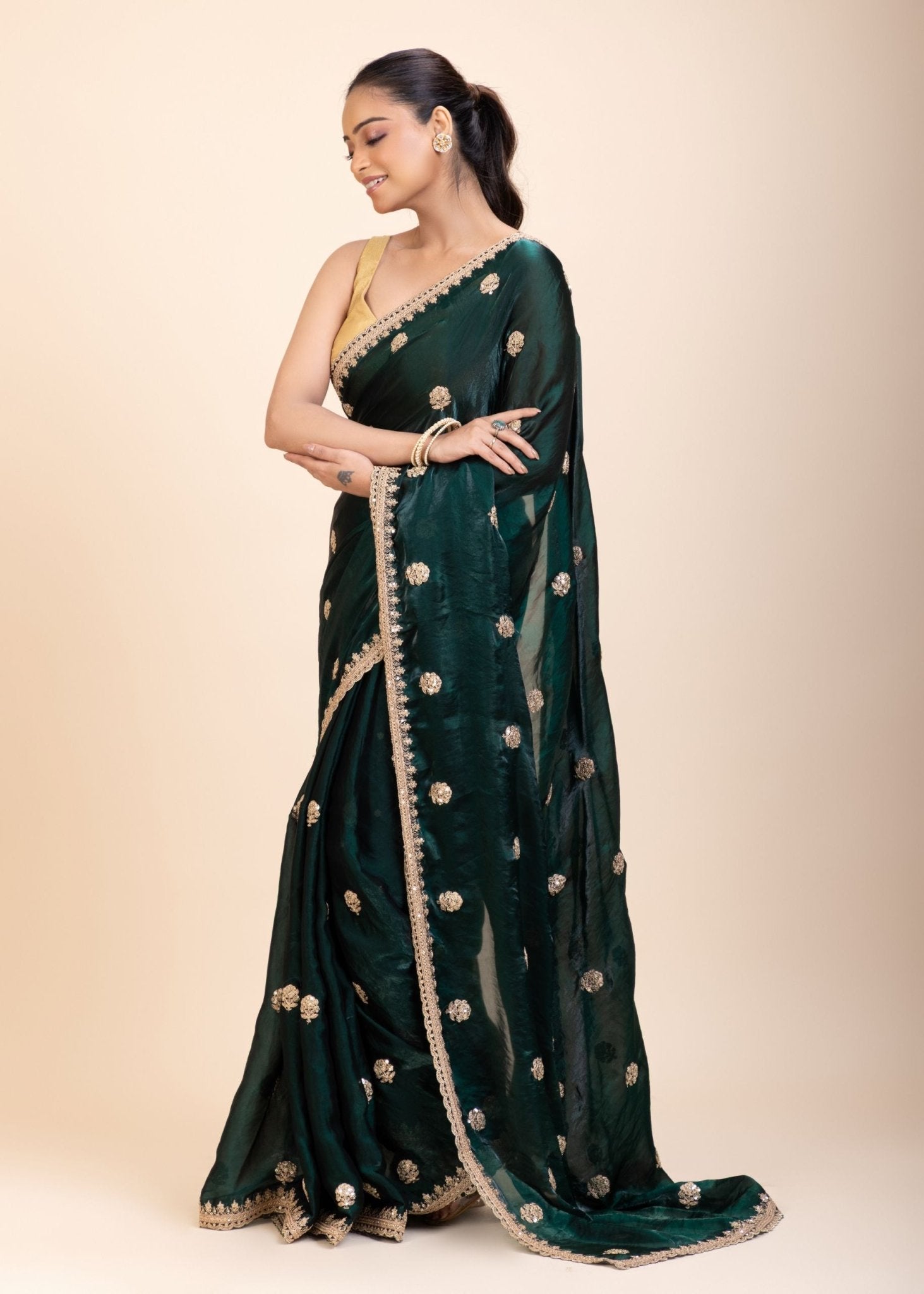 Green Jimmy Choo Saree with Gold Embroidered work - Anvi Couture