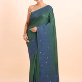 Green Linen Handloom Saree With Blue Woven Pallu - Anvi Couture