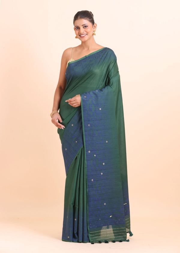 Green Linen Handloom Saree With Blue Woven Pallu - Anvi Couture