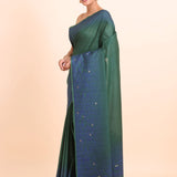 Green Linen Handloom Saree With Blue Woven Pallu - Anvi Couture