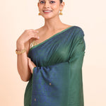 Green Linen Handloom Saree With Blue Woven Pallu - Anvi Couture
